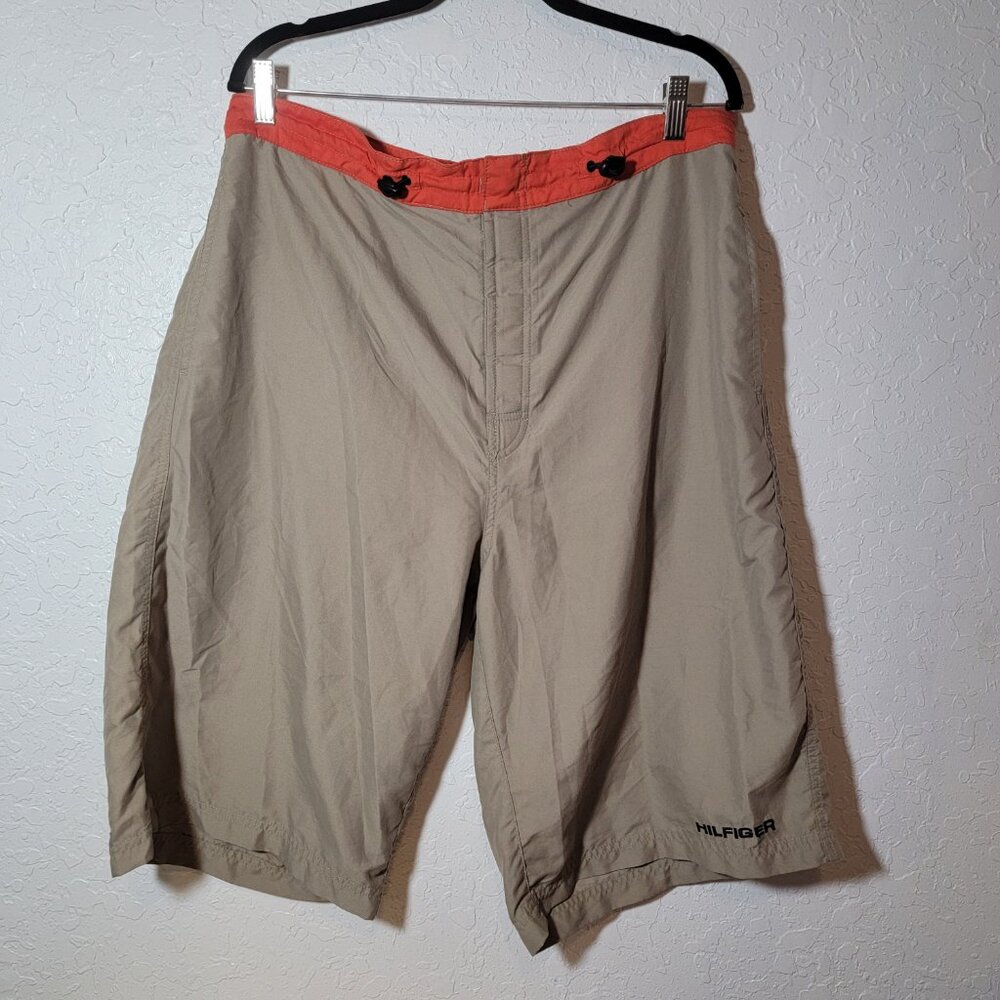 Tommy Hilfiger Vintage Cargo Khaki Tan Orange Long Shorts Men's Logo Spellout XL